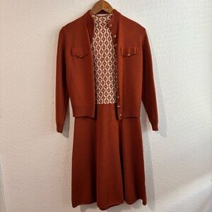 Vintage 1960s St John Cardigan Dress Set Sweater Rust Orange Small